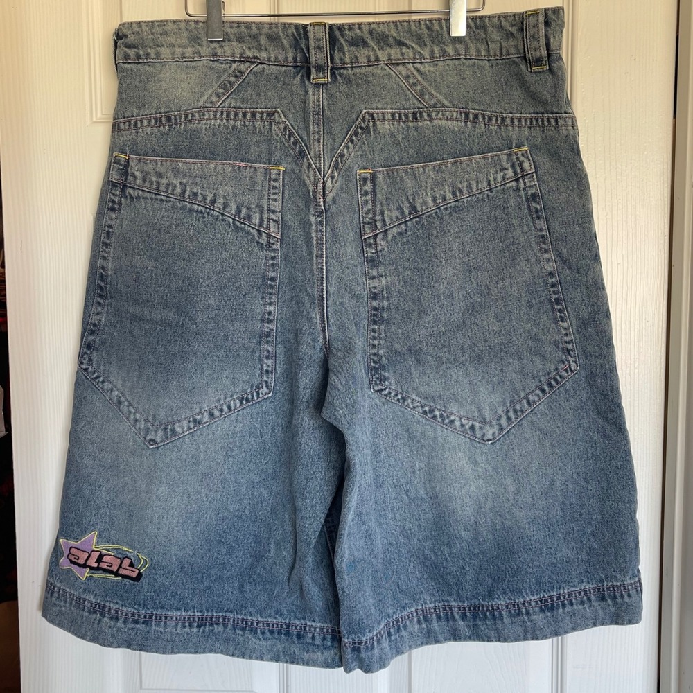 Analog Baggy Denim Skate Jorts Blue Acid Wash Pink Stitching Expand Your Mind